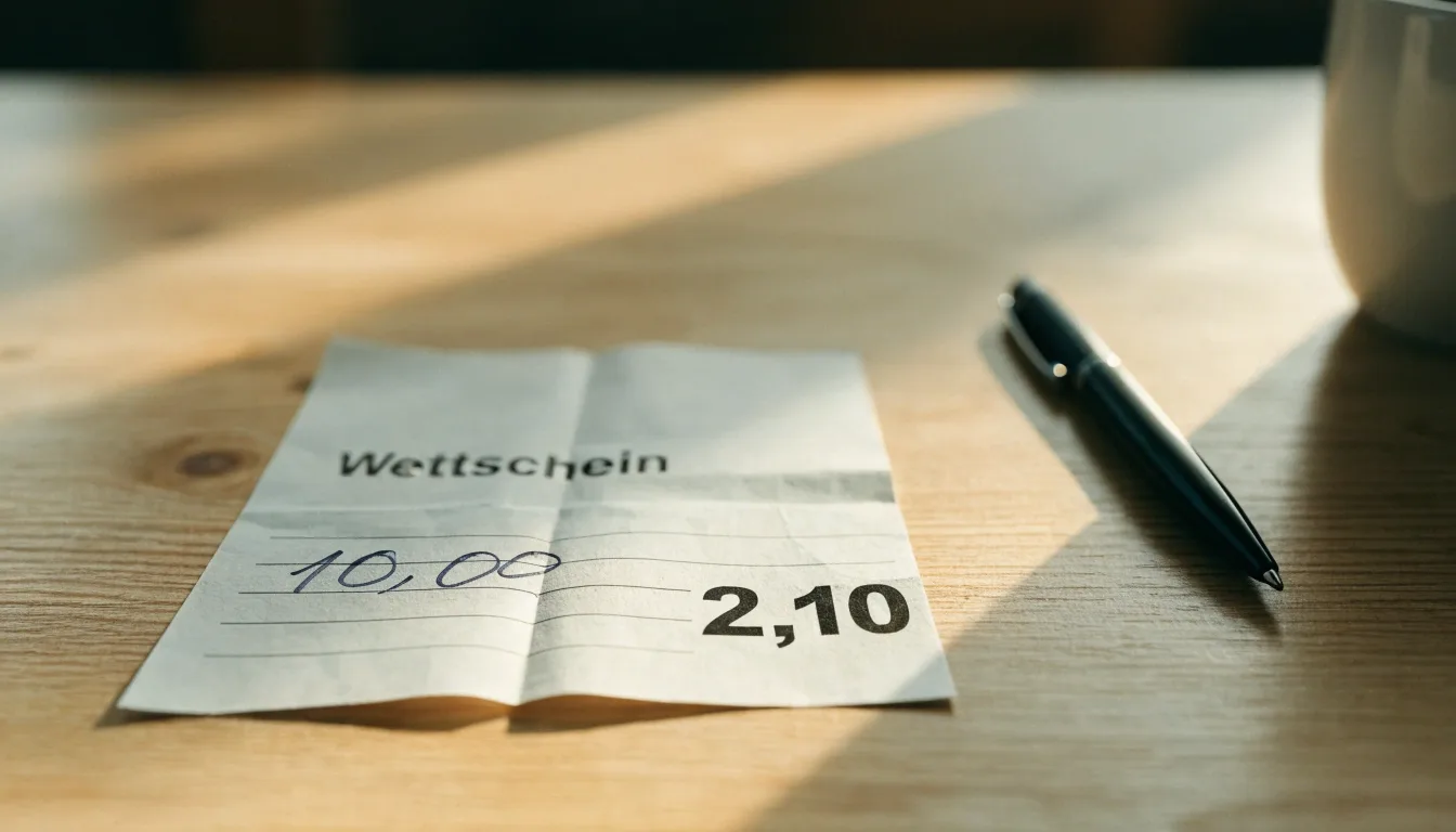 Ein leerer Wettschein aus Papier liegt neben einem Kugelschreiber und einer Tasse auf einem hellen Holztisch.