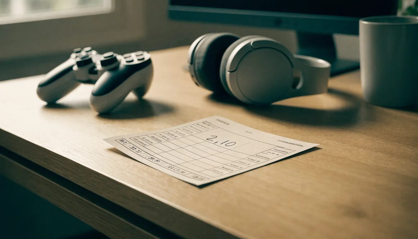 Ein Gamepad und ein Headset liegen auf einem Schreibtisch neben einer Tasse, der Bildschirm im Hintergrund ist ausgeschaltet.