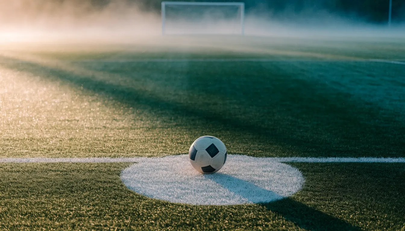 Ein Fußball liegt auf dem Elfmeterpunkt eines leeren Rasenplatzes, im Hintergrund unscharf ein Tor im Morgendunst.
