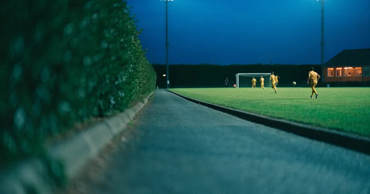 Ein Fußballstadion bei Flutlicht aus der Ferne gesehen, davor eine Straße und leuchtende Fenster eines Nebengebäudes.