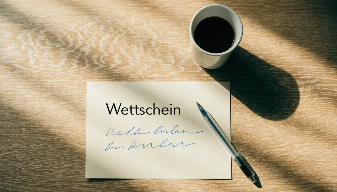Ein leerer Wettschein aus Papier liegt neben einem Kugelschreiber und einer Tasse auf einem hellen Holztisch.