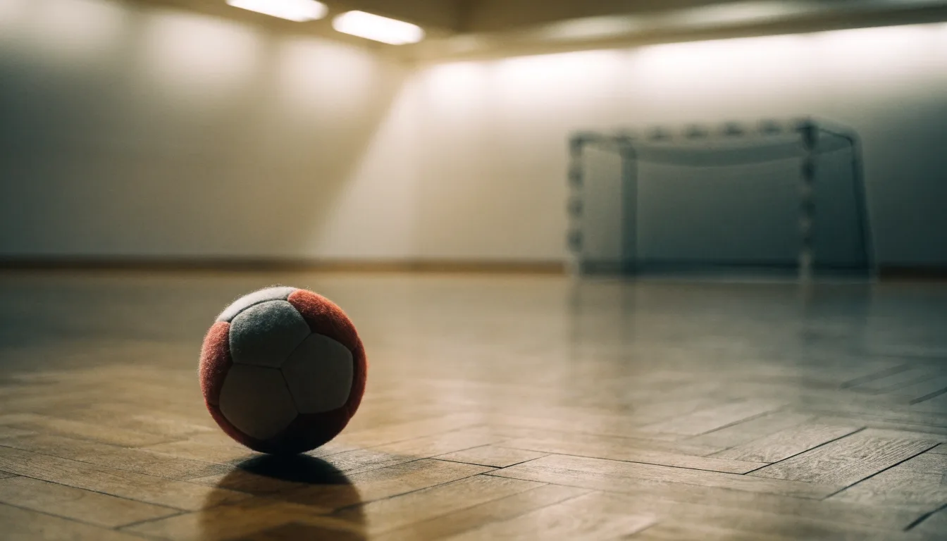 Ein kleiner schwerer Ball liegt in einer Halle auf dem Parkett vor einem Tor, warmes Licht aus den Deckenstrahlern.