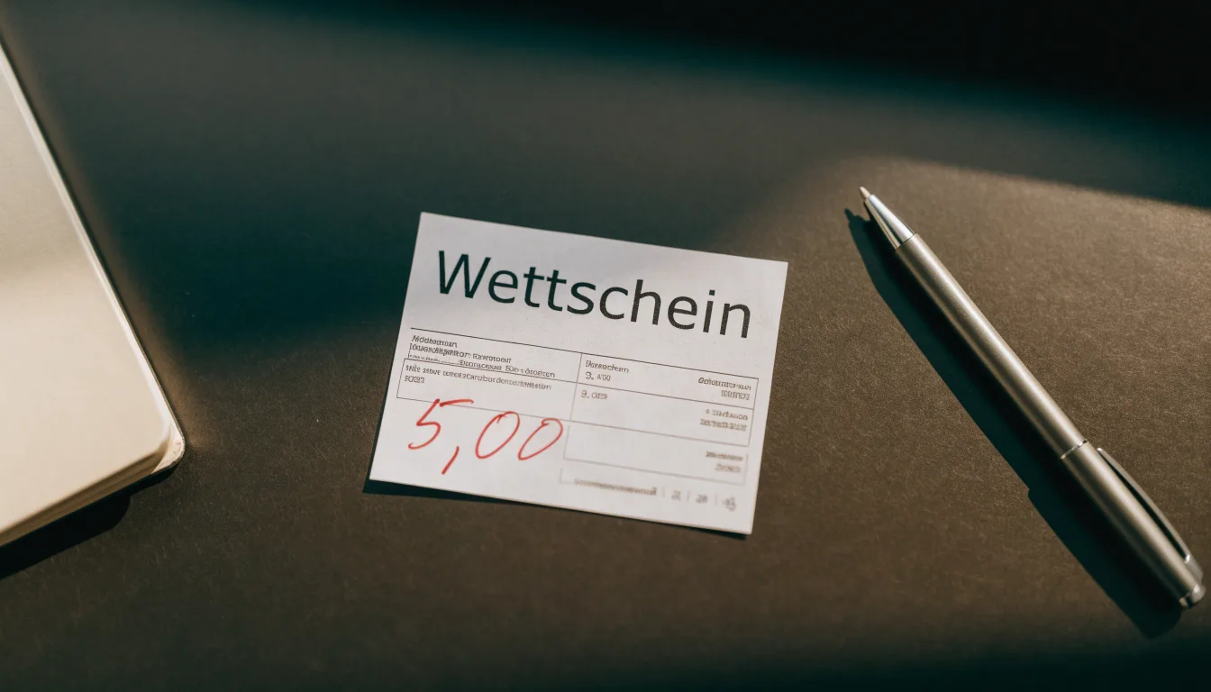 Ein leerer Papierwettschein und ein Kugelschreiber liegen auf einer glatten Schreibtischplatte neben einem Notizbuch.
