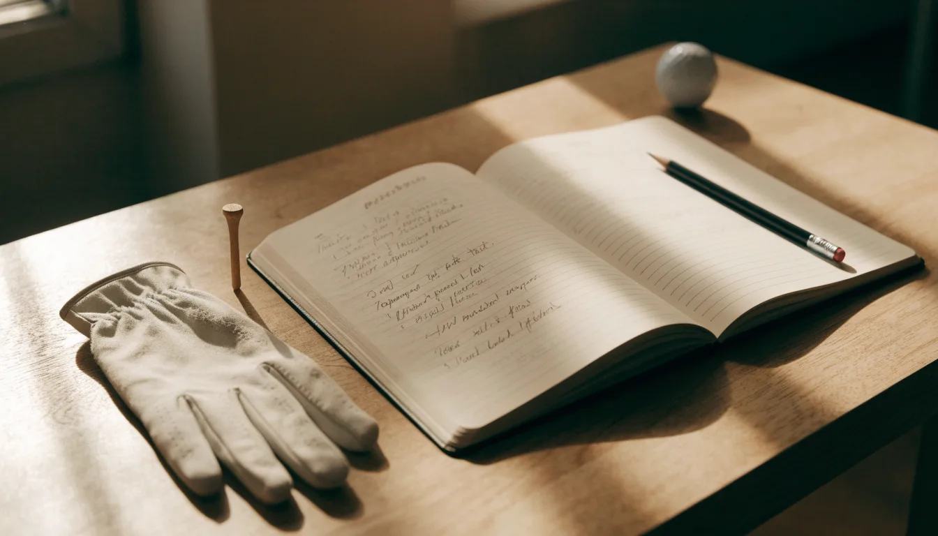 Ein Notizbuch mit handschriftlichen Notizen und ein Bleistift liegen neben einem Golfhandschuh und einem Tee auf einem Holztisch.