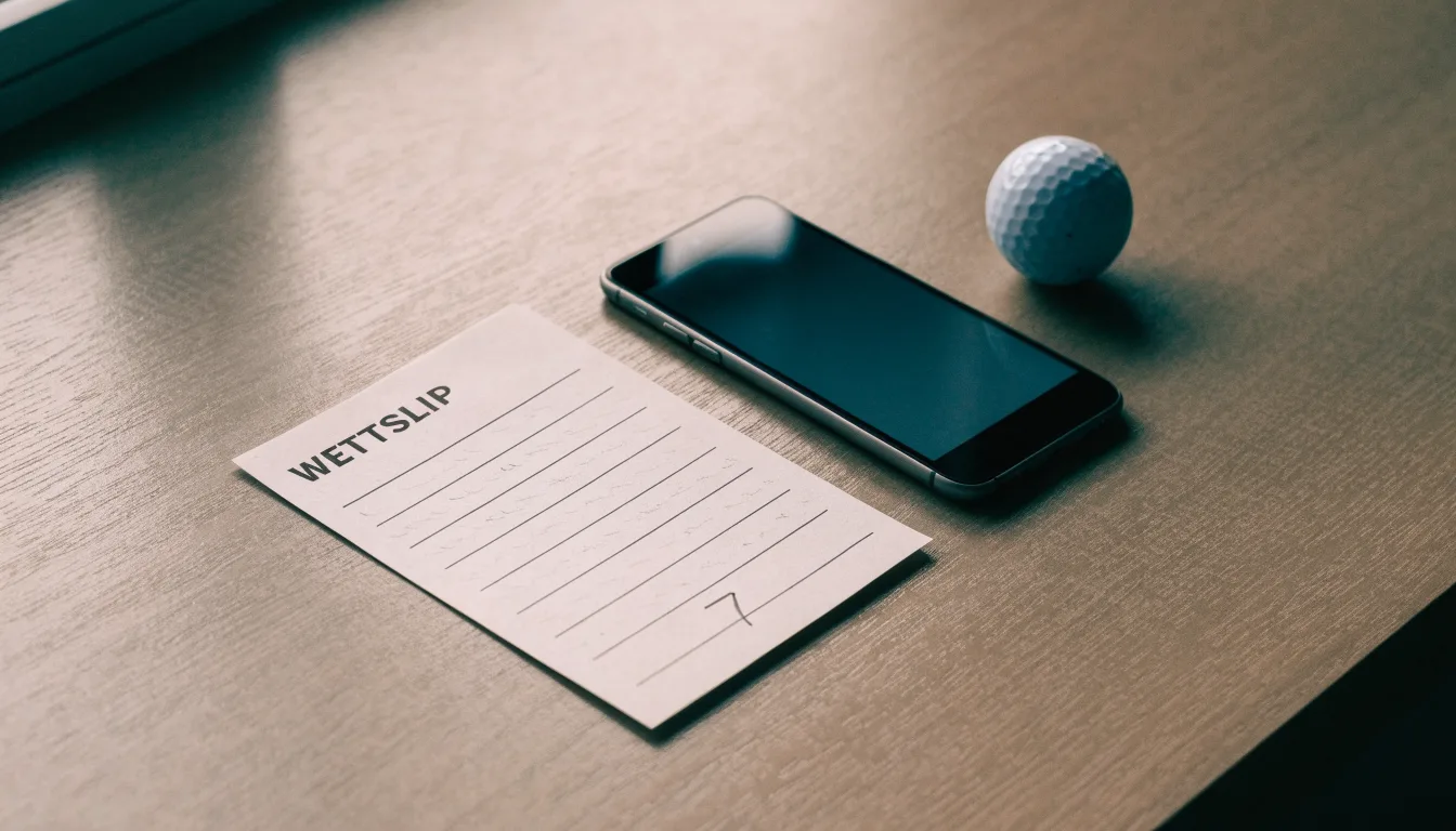 Ein leerer Wettschein aus Papier liegt neben einem Smartphone mit dunklem Display auf einem Tisch, daneben ein einzelner Golfball.