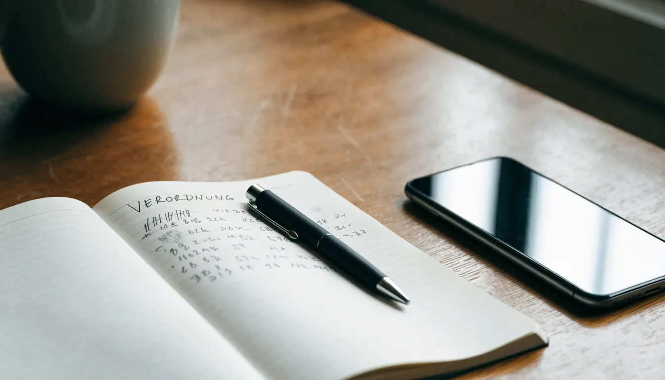 Ein Notizbuch mit handschriftlichen Notizen und ein Stift liegen auf einem Holztisch neben einem Smartphone mit dunklem Bildschirm.