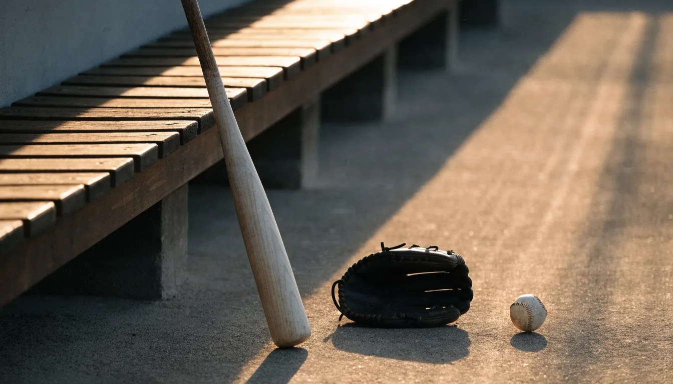 Ein Baseballschläger lehnt an einer Bank im Dugout, daneben liegen ein Handschuh und ein Ball im Licht der Nachmittagssonne.