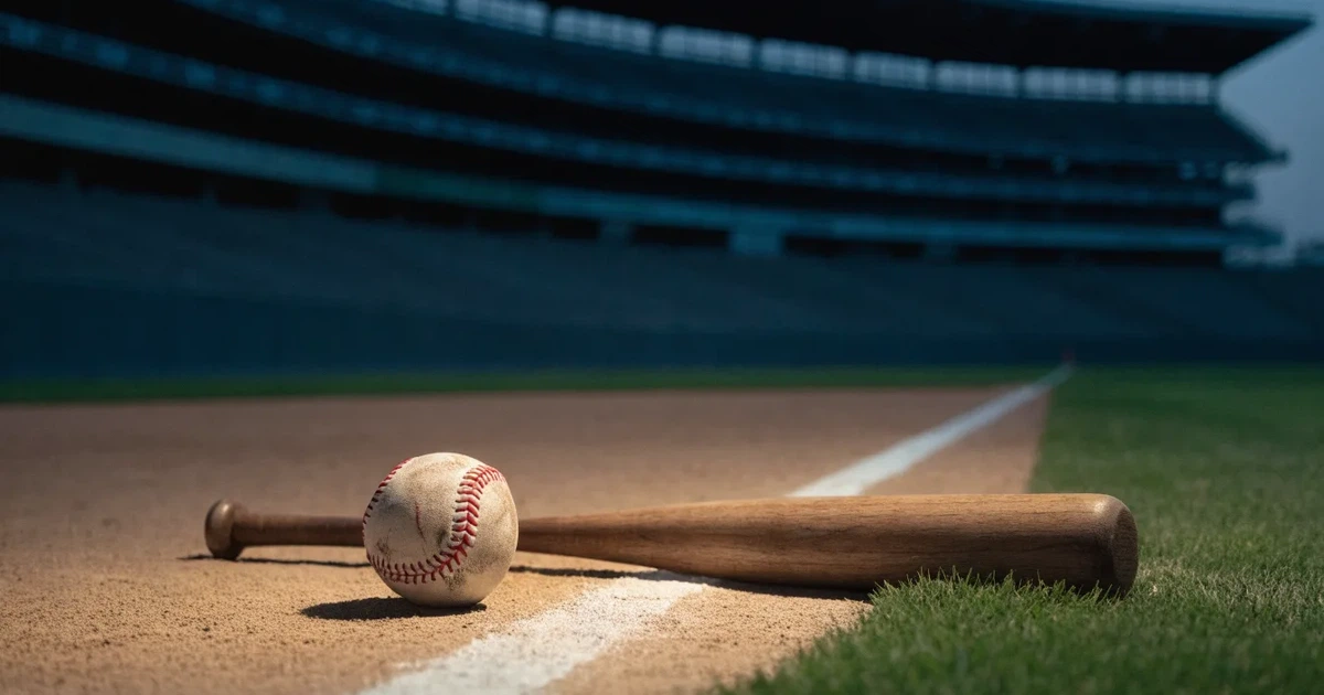 Ein Baseball liegt auf dem hellen Sand des Infields, im Hintergrund eine große Tribüne in der Abenddämmerung.