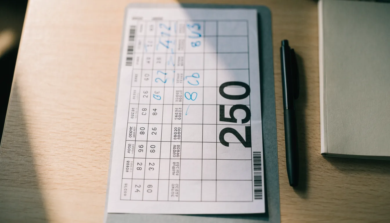 Ein leerer Wettschein aus Papier liegt neben einem Notizbuch und einem Stift auf einem aufgeräumten Schreibtisch.