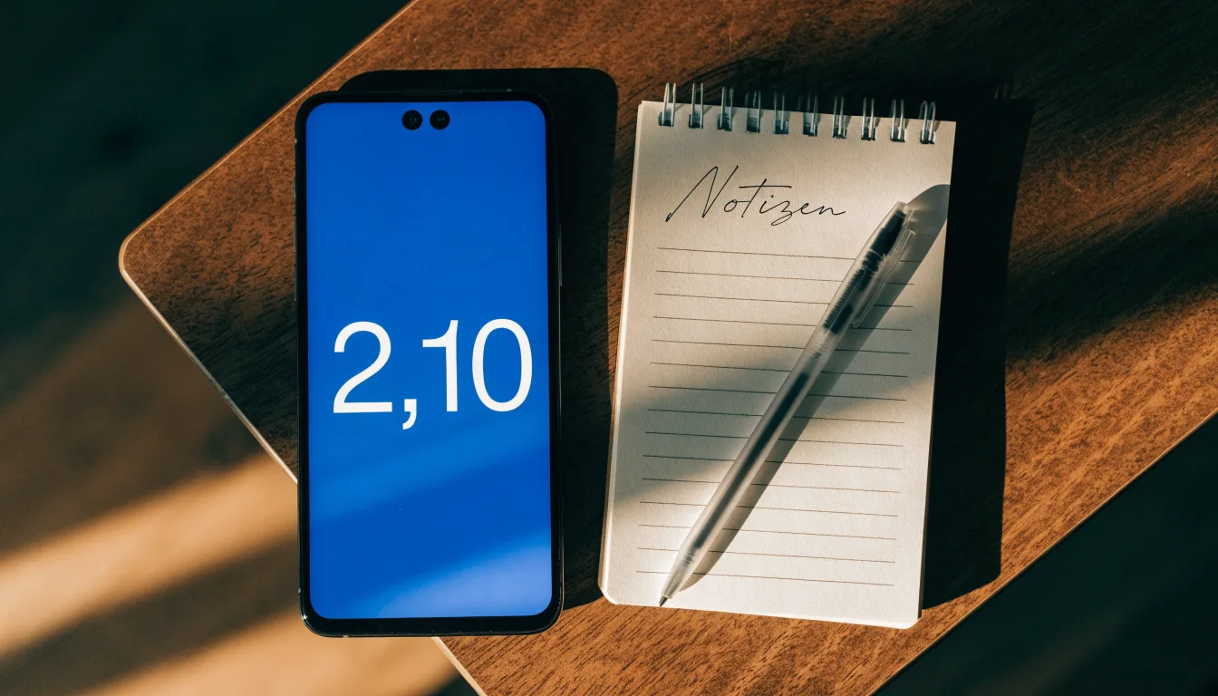 Ein Smartphone mit dunklem Display liegt neben einem Notizbuch und einem Kugelschreiber auf einem Tisch.