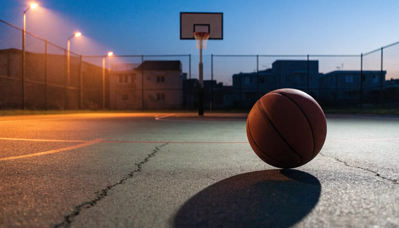 Ein Basketball rollt auf einem Freiluftplatz in der Abenddämmerung zu einem Korb, die Straßenlaternen leuchten bereits.