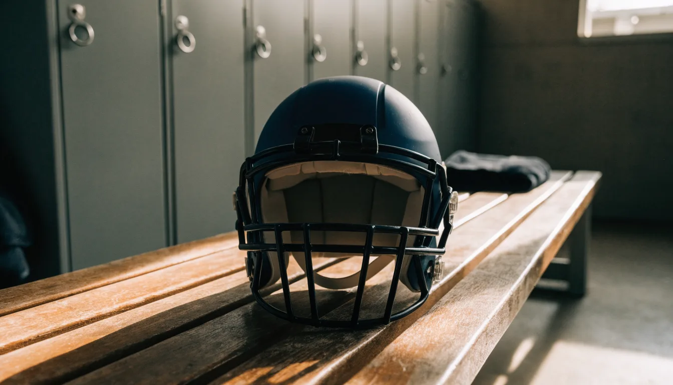 Ein neutraler Footballhelm ohne Aufdruck steht auf einer Holzbank in einer Umkleidekabine.