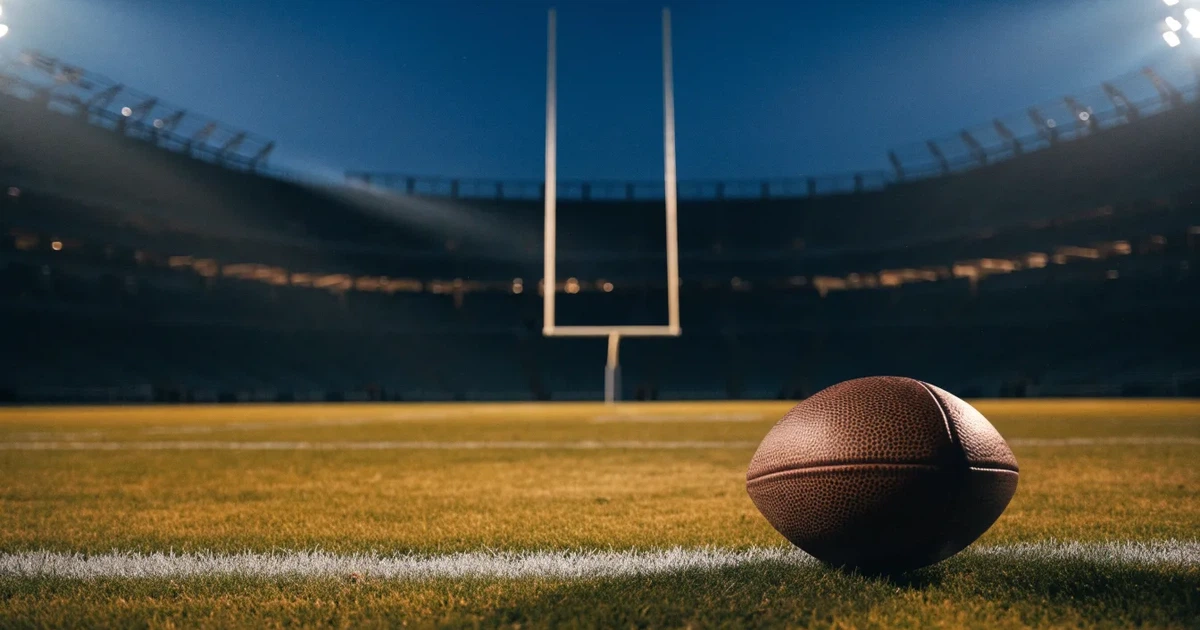 Ein American Football liegt auf dem Rasen eines leeren Stadions unter Flutlicht, die Torstangen ragen im Hintergrund auf.