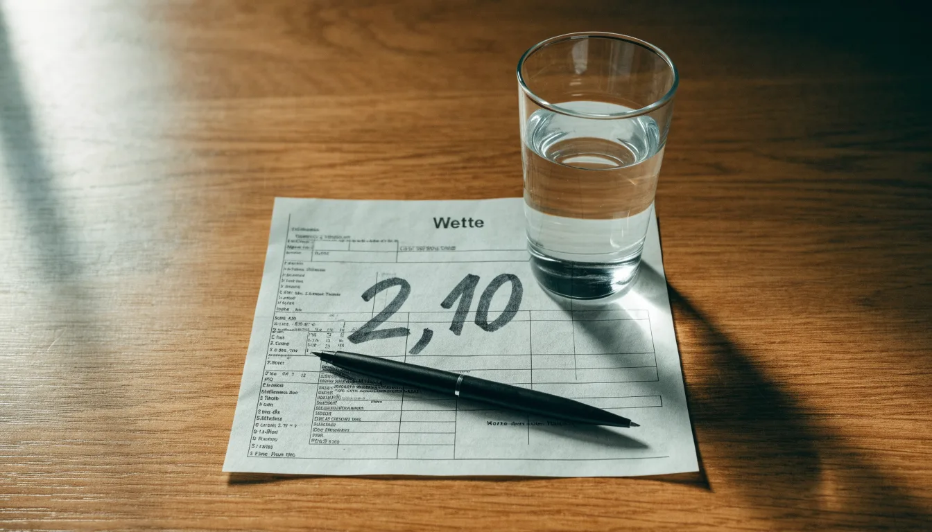 Ein leerer Wettschein aus Papier liegt neben einem Stift auf einem Tisch, daneben ein Glas Wasser.