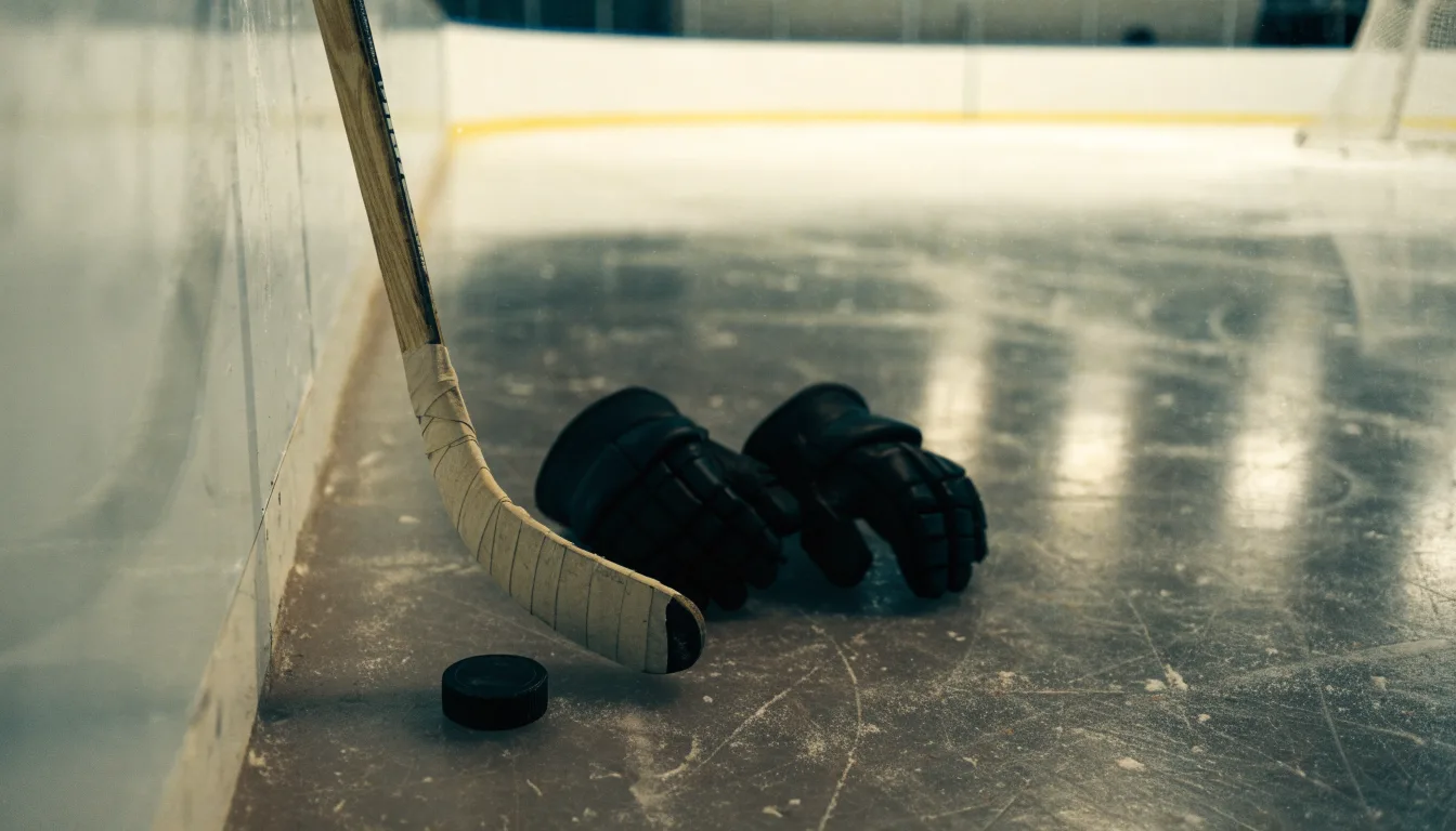 Ein Eishockeyschläger lehnt an einer Bande, daneben liegen ein Puck und ein Paar Handschuhe in einer Eishalle.