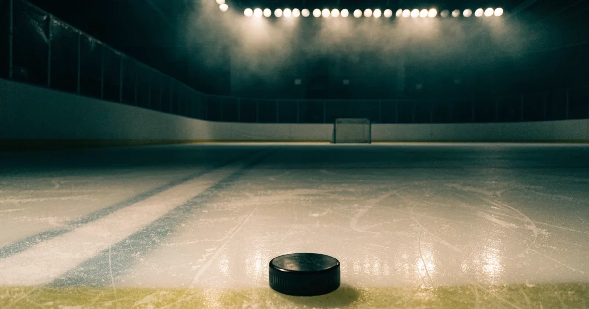 Eine leere Eisfläche in einer Halle mit Banden und Flutlicht, auf dem Eis liegt ein einzelner Puck.