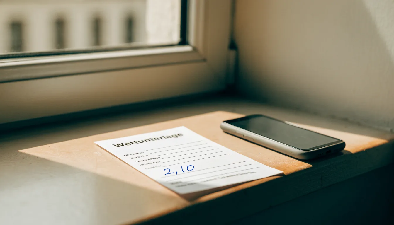 Ein leerer Wettschein aus Papier und ein Smartphone mit dunklem Display liegen auf einer Fensterbank im Tageslicht.