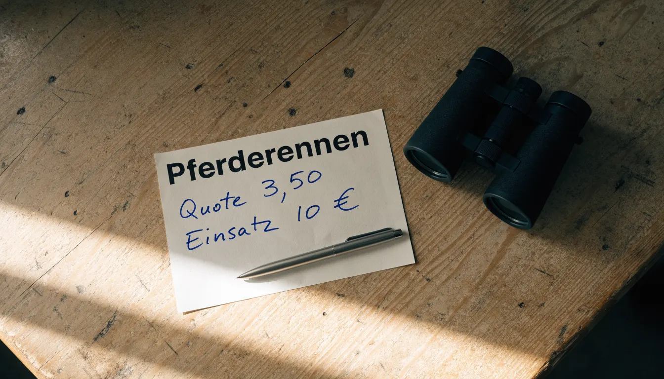 Ein leerer Wettschein aus Papier und ein Kugelschreiber liegen auf einem Holztisch neben einem Fernglas.