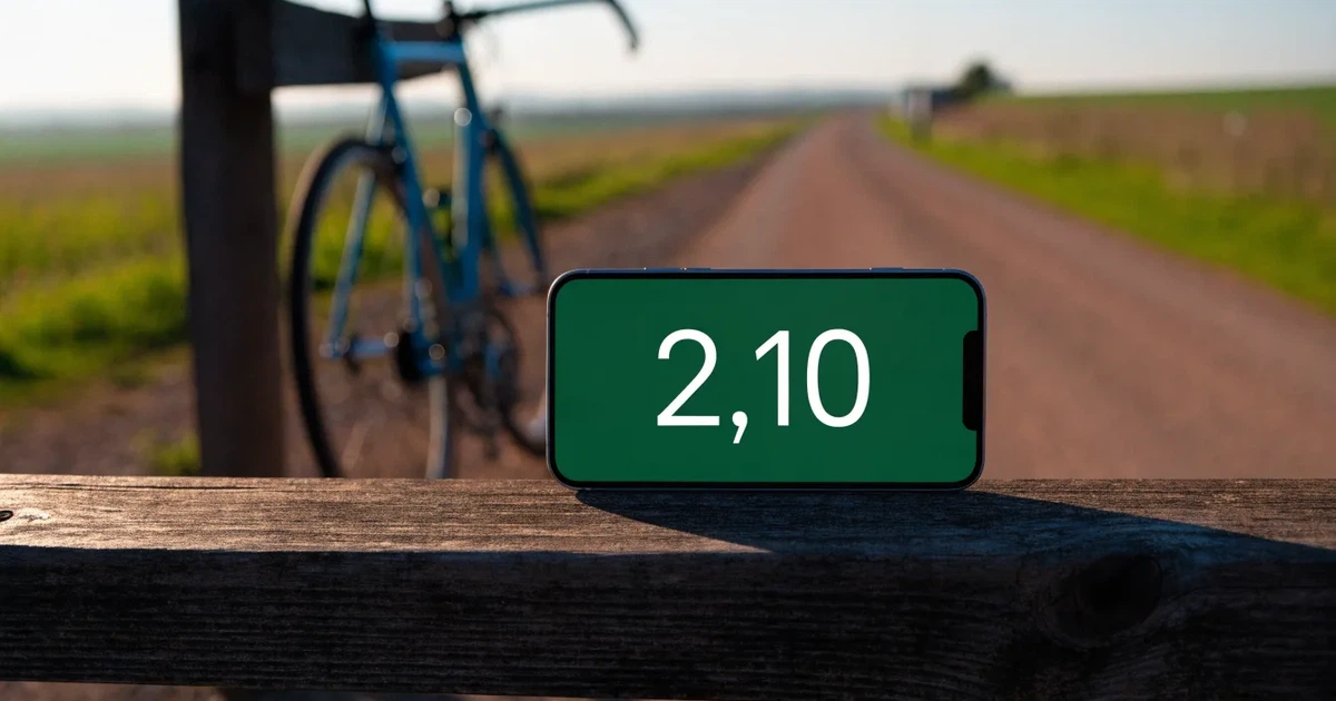 Eine Landstraße zwischen Feldern im Morgenlicht, am Straßenrand lehnt ein Rennrad ohne Aufschrift an einem Pfosten.
