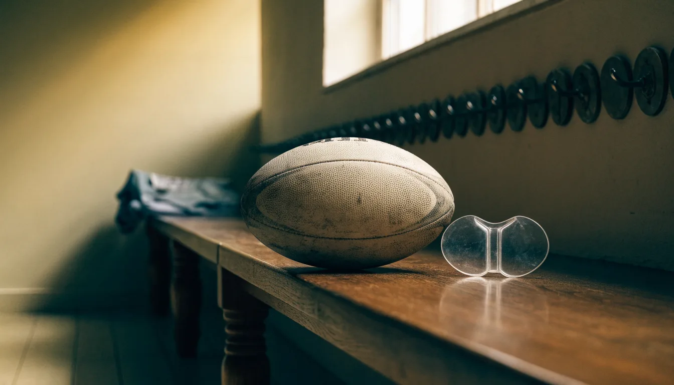 Ein Rugbyball und ein Mundschutz liegen auf einer Holzbank neben einer Reihe Kleiderhaken in einer Umkleide.