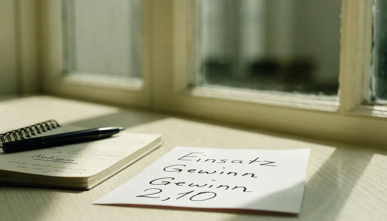 Ein leerer Wettschein aus Papier liegt neben einem Notizbuch und einem Stift auf einem Schreibtisch am Fenster.