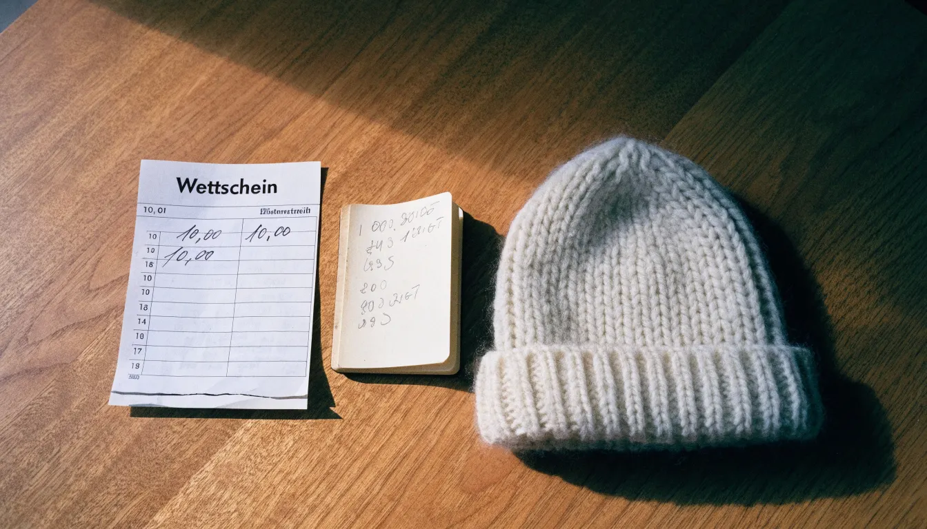 Ein leerer Wettschein aus Papier und ein Notizbuch liegen neben einer Wollmütze auf einem Holztisch.