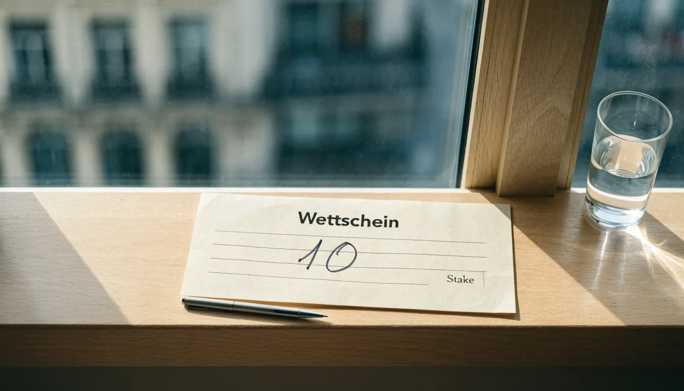 Ein leerer Wettschein aus Papier und ein Kugelschreiber liegen neben einem Glas Wasser auf einer Fensterbank.