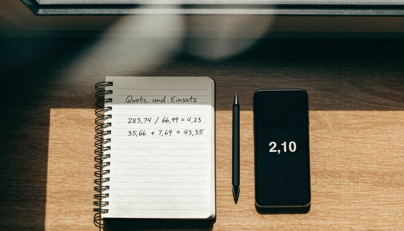 Ein aufgeschlagenes Notizbuch mit handschriftlichen Rechnungen liegt neben Stift und Smartphone auf einem Holztisch im Tageslicht.
