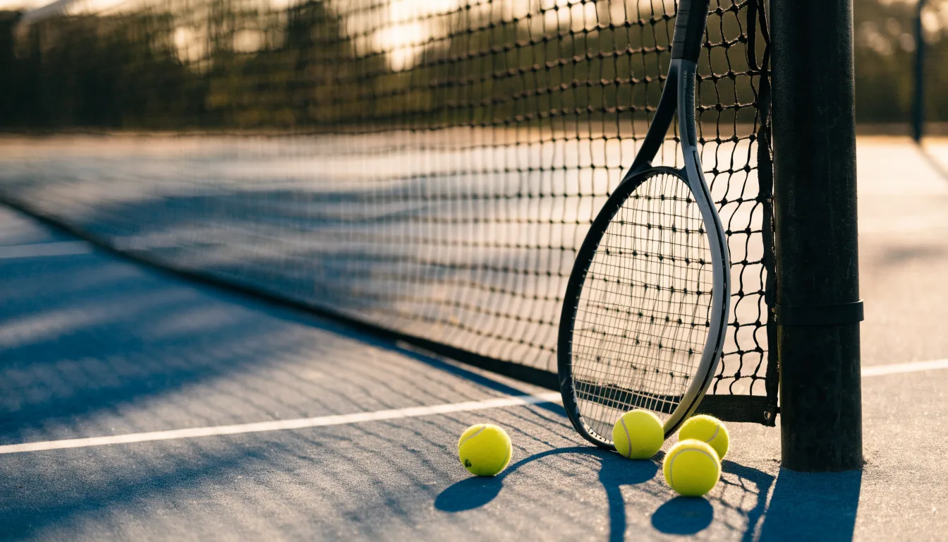 Ein Tennisschläger lehnt an einem Netzpfosten, daneben liegen drei Bälle auf einem Hartplatz in warmem Nachmittagslicht.