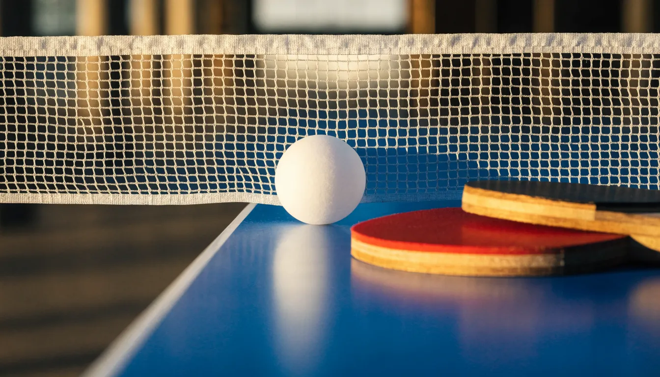 Ein weißer Ball liegt in Nahaufnahme auf der Netzkante einer Tischtennisplatte, daneben zwei Holzschläger mit rotem und schwarzem Belag.