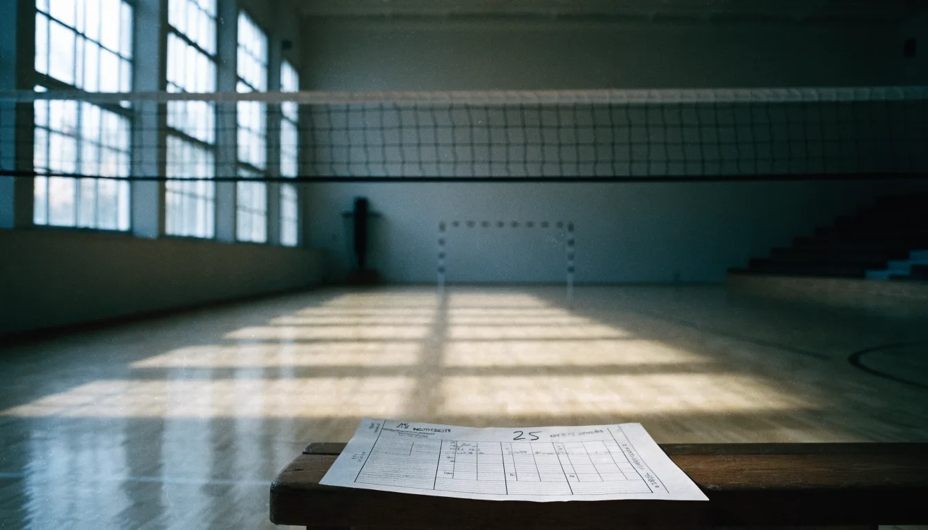 Eine leere Sporthalle mit gespanntem Volleyballnetz und glänzendem Parkett, durch hohe Fenster fällt Tageslicht.