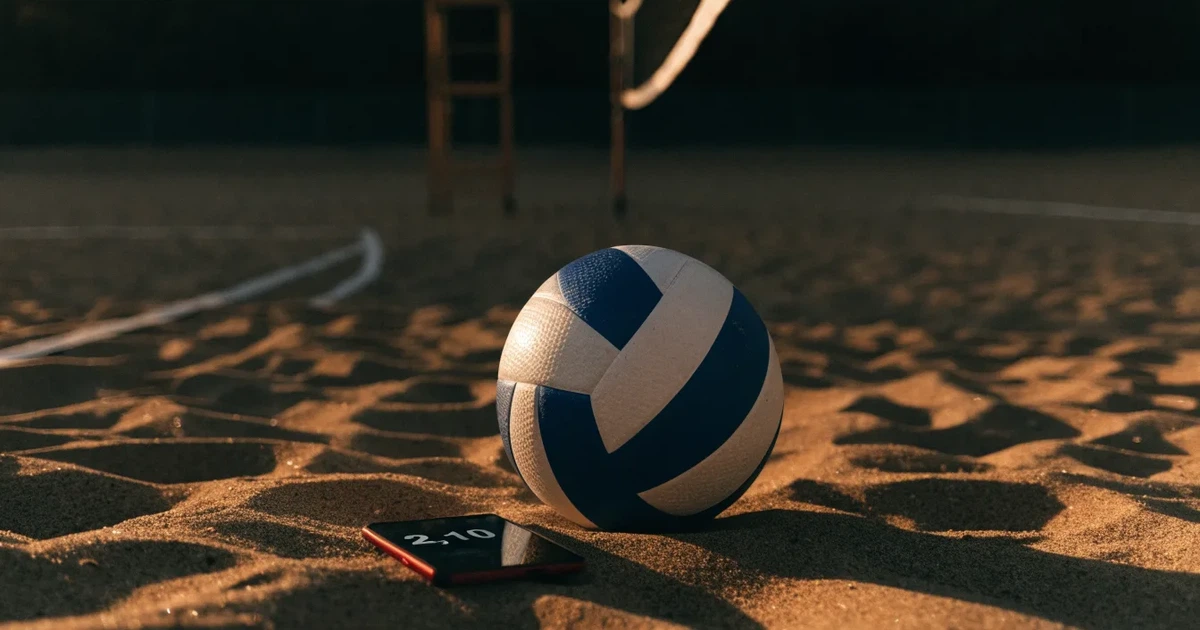 Ein Volleyball liegt auf dem Sand eines Beachvolleyball-Feldes neben dem gespannten Netz, im Hintergrund eine leere Tribüne bei Abendlicht.