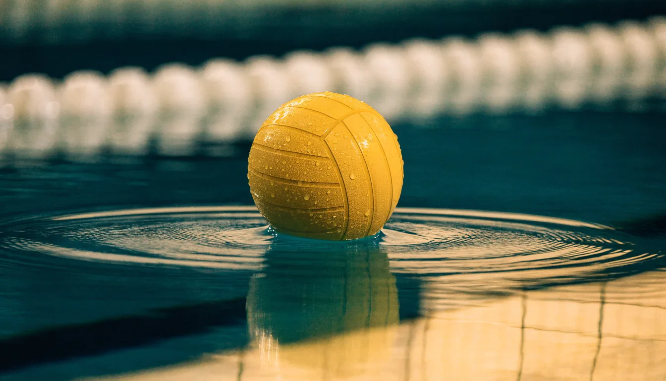 Ein gelber Wasserball treibt in Nahaufnahme auf der Wasseroberfläche neben einer Leine mit Bojen.