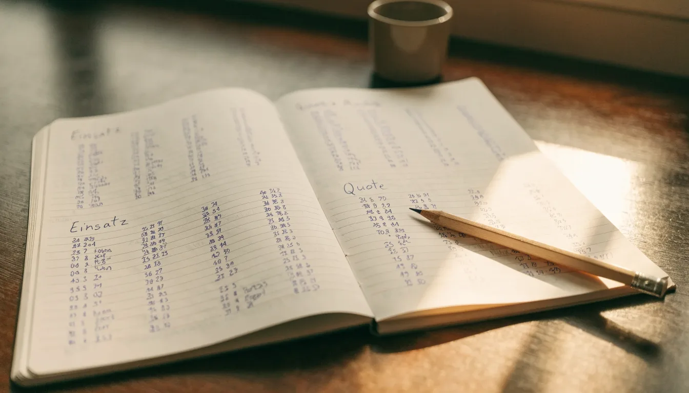 Ein Notizbuch mit handschriftlichen Spalten und einem Bleistift liegt auf einem Schreibtisch neben einem Taschenrechner.