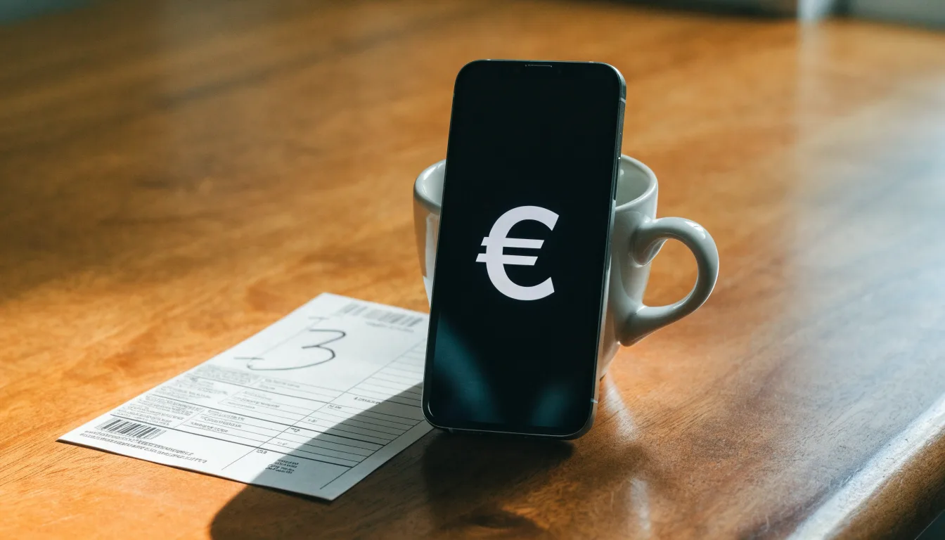 Ein Smartphone mit dunklem Bildschirm lehnt an einer Kaffeetasse auf einem Holztisch, daneben ein blanker Papier-Wettschein.