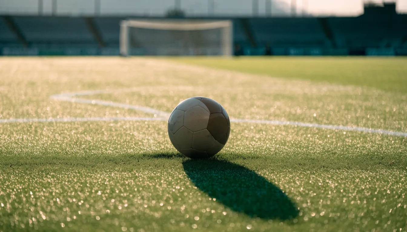Ein Fußball liegt auf dem Anstoßpunkt eines Rasenplatzes im ersten Morgenlicht, Tau glänzt auf dem Gras.