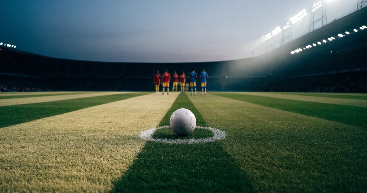 Ein Rasenplatz in der Dämmerung mit eingeschalteten Flutlichtmasten, ein Ball liegt am Anstoßpunkt, die Tribünen im Hintergrund sind unscharf.