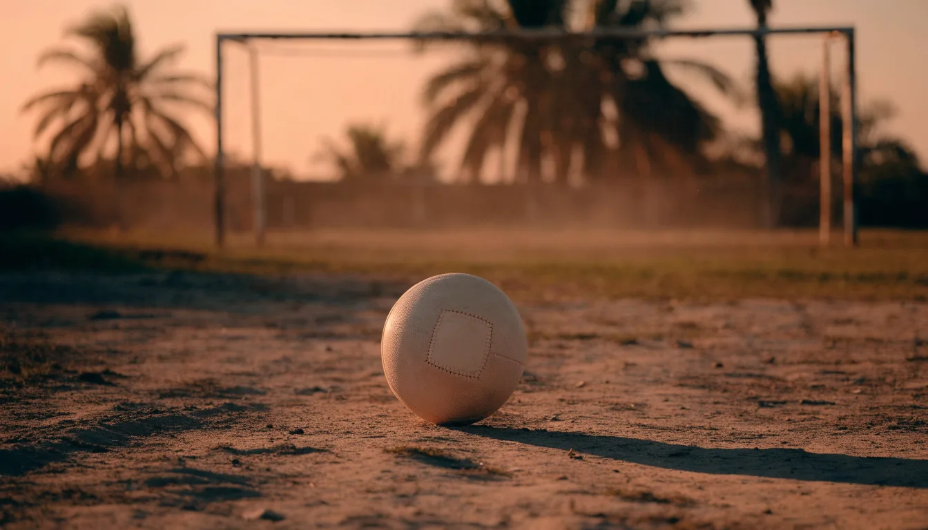 Ein Fußball liegt auf einem staubigen Bolzplatz mit Palmen im Hintergrund in warmem Abendlicht.