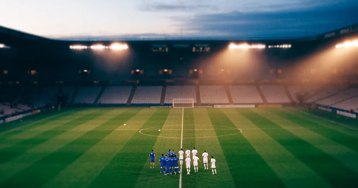 Ein Fußballstadion mit hellen Rängen unter strahlend blauem Himmel, davor ein sonnenbeschienener Rasen mit frisch gemähten Streifen.