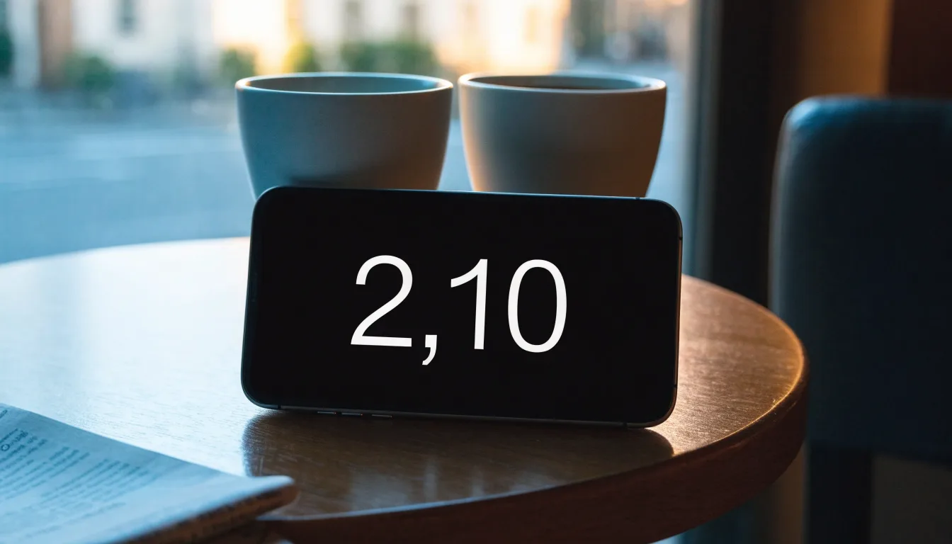 Zwei Kaffeetassen und ein dunkles Smartphone stehen auf einem Café-Tisch am Fenster im Morgenlicht.