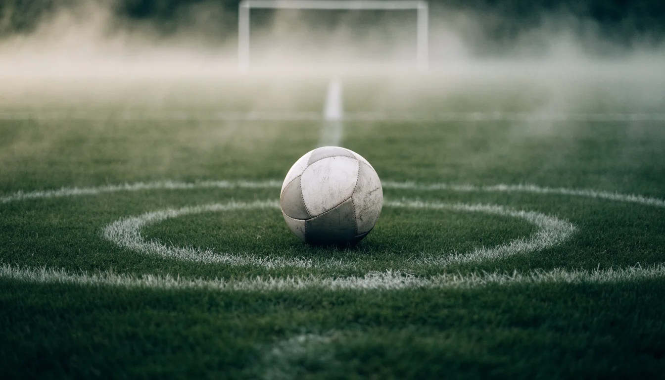 Ein abgewetzter Fußball liegt auf dem Anstoßkreis eines Naturrasens im Morgennebel.