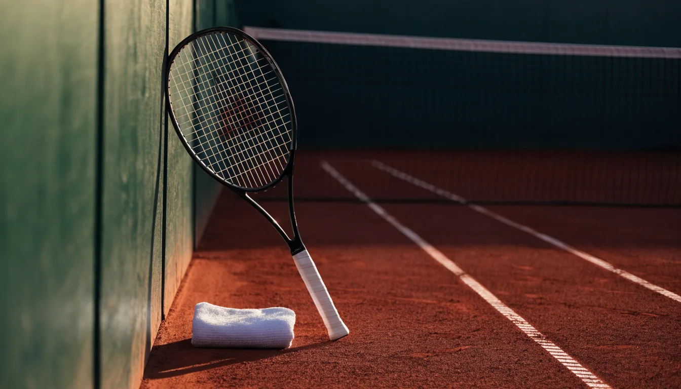 Ein Tennisschläger lehnt an einer dunkelgrünen Bande ohne Aufschrift auf einem Sandplatz, daneben liegt ein Handtuch.