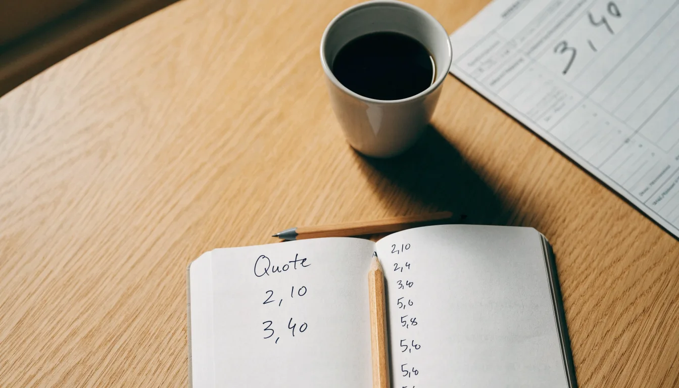 Ein aufgeschlagenes Notizbuch mit handschriftlichen Skizzen liegt neben einem Bleistift auf einem Holztisch, daneben eine Tasse Kaffee.