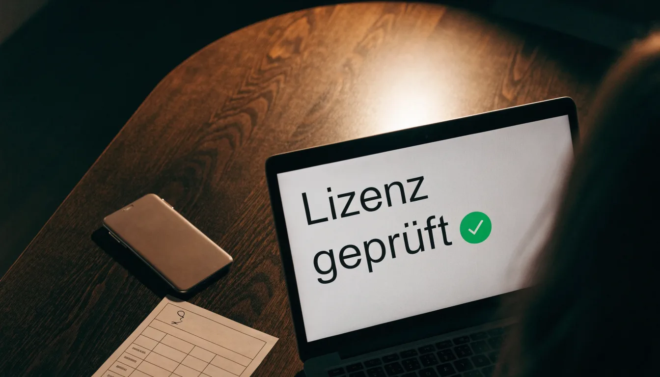 Eine Balkenwaage aus Messing steht neben einem hölzernen Richterhammer auf einem dunklen Pult, im Hintergrund ein unscharfes Bücherregal.