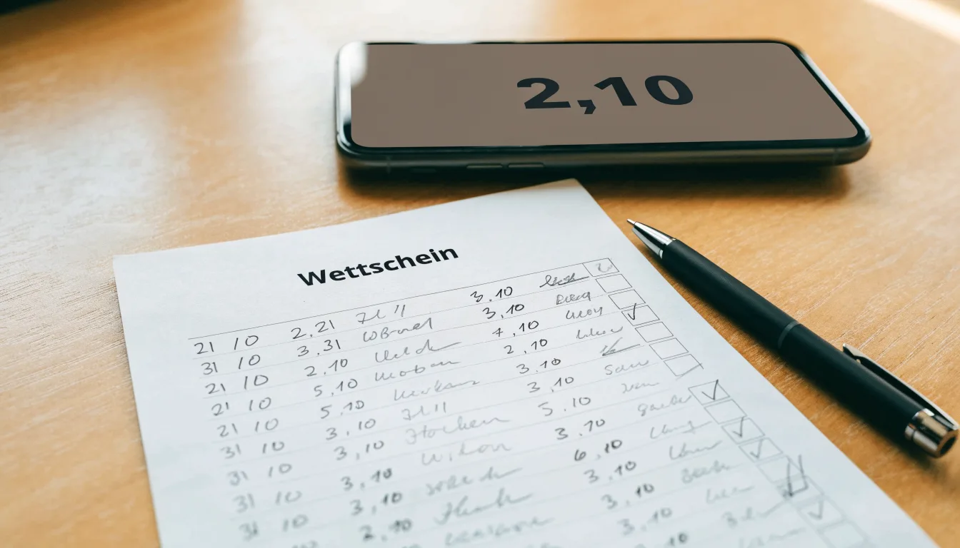 Ein leerer Papier-Wettschein liegt neben einem Smartphone mit dunklem Display auf einer hellen Tischplatte, daneben ein Kugelschreiber.