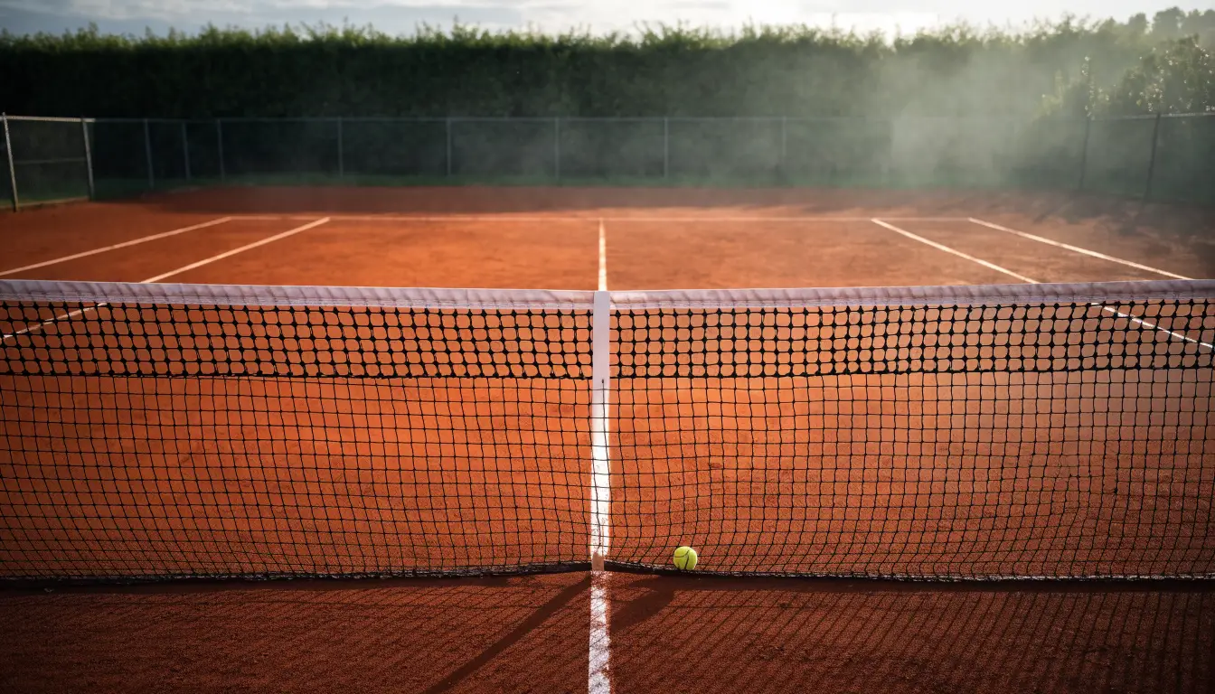 Ein Tennisplatz bei Sonnenaufgang, Netz und Grundlinien im weichen Licht, niemand ist zu sehen.