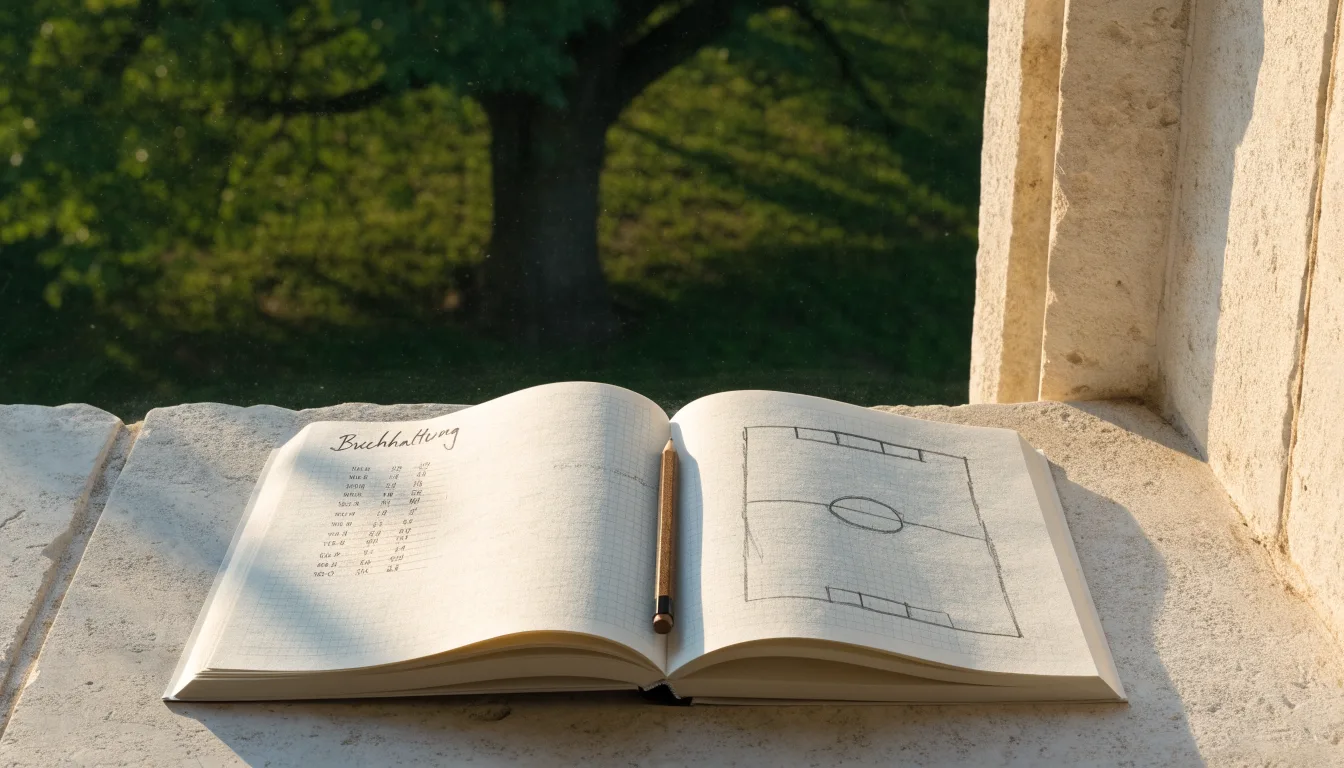 Ein aufgeschlagenes Notizbuch mit handschriftlichen Skizzen und ein Bleistift liegen auf einer Fensterbank im Tageslicht.