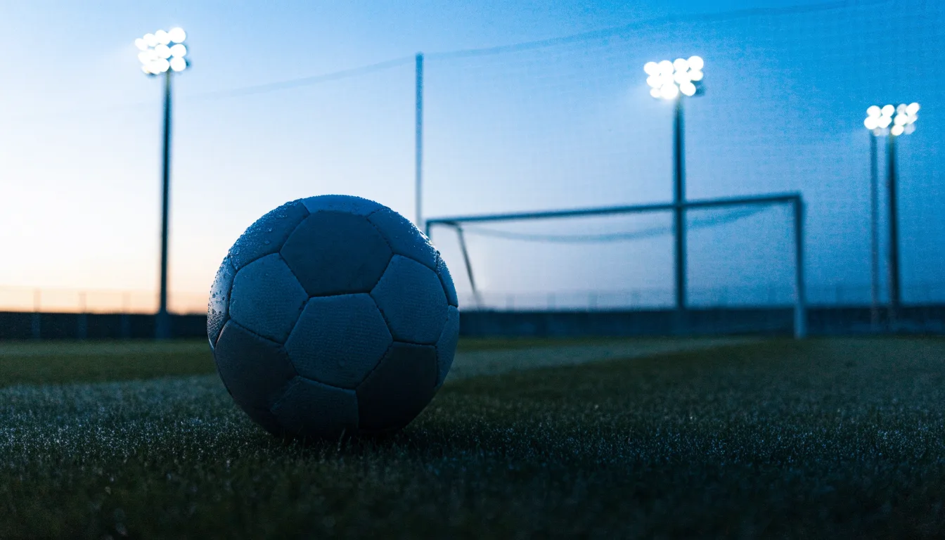 Ein Fußball liegt im Gras eines leeren Platzes, im Hintergrund stehen Flutlichtmasten in der Dämmerung.