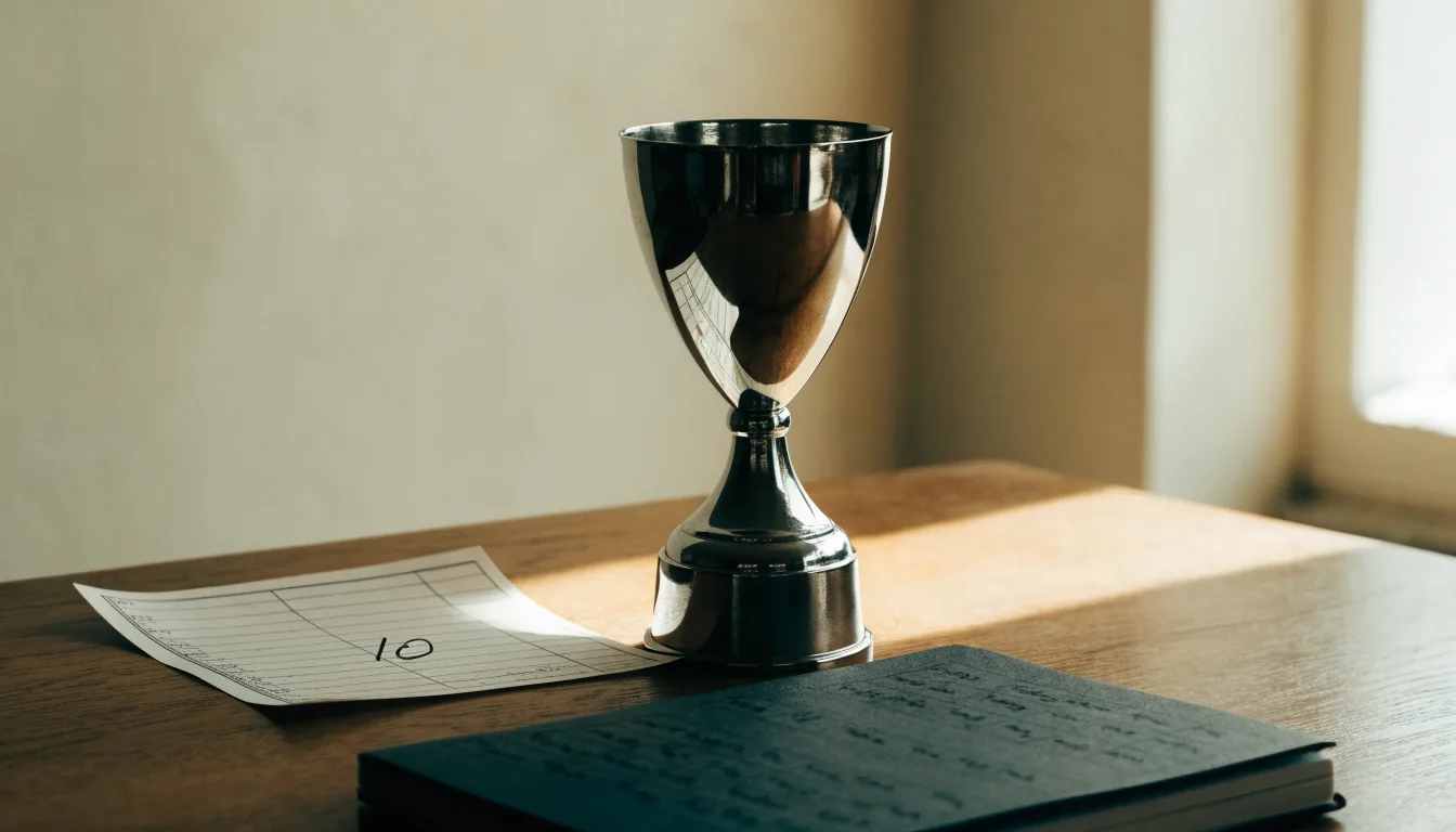 Ein Pokal ohne Gravur steht allein auf einem Holztisch vor einer hellen Wand, davon fällt ein weicher Schatten.