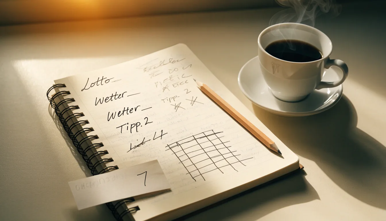 Ein aufgeschlagenes Notizbuch mit handschriftlichen Skizzen und ein Bleistift liegen auf einem Schreibtisch neben einer Tasse Tee.